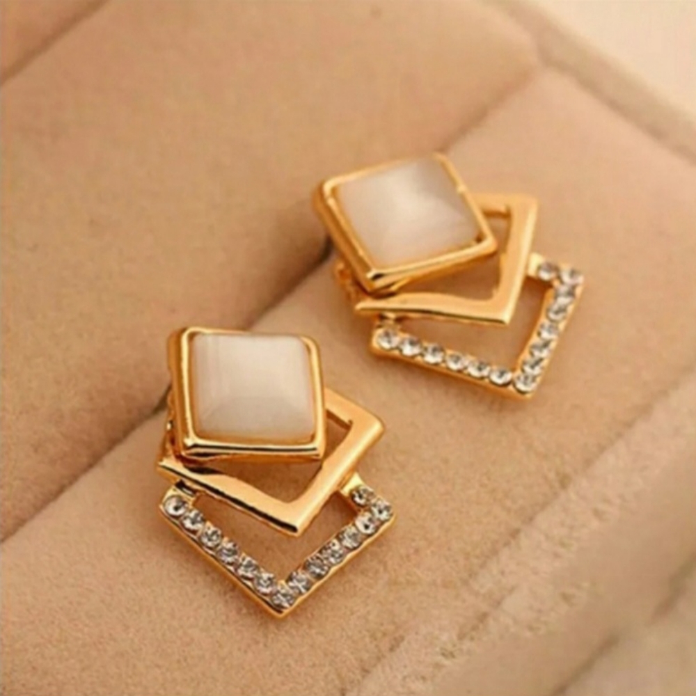 Cats Eye and Crystal Gold Geometric Square Stud Earrings - Picture 4 of 5
